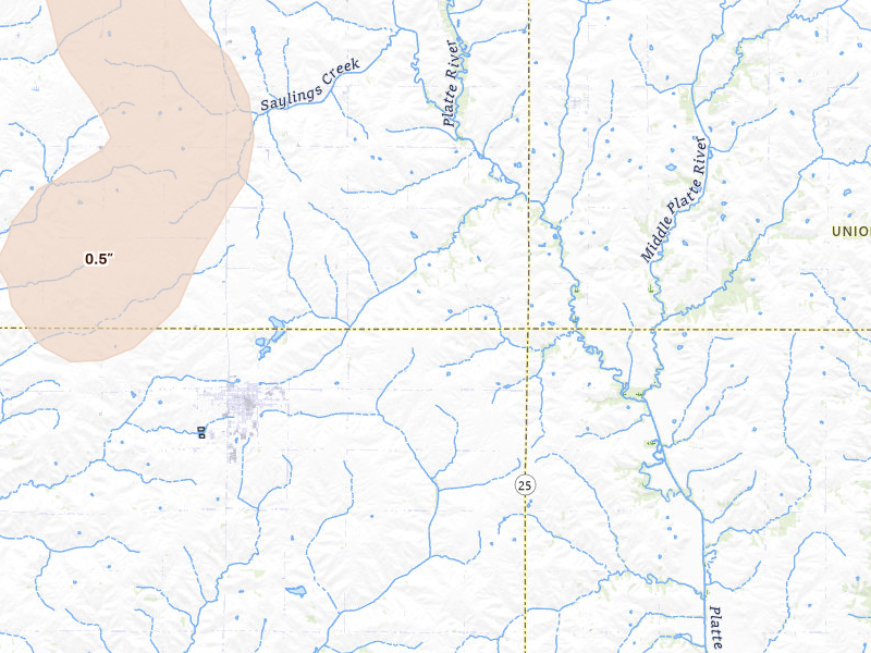 Radar-estimated hail-size map of the storm over Lenox, IA on May 15, 2026