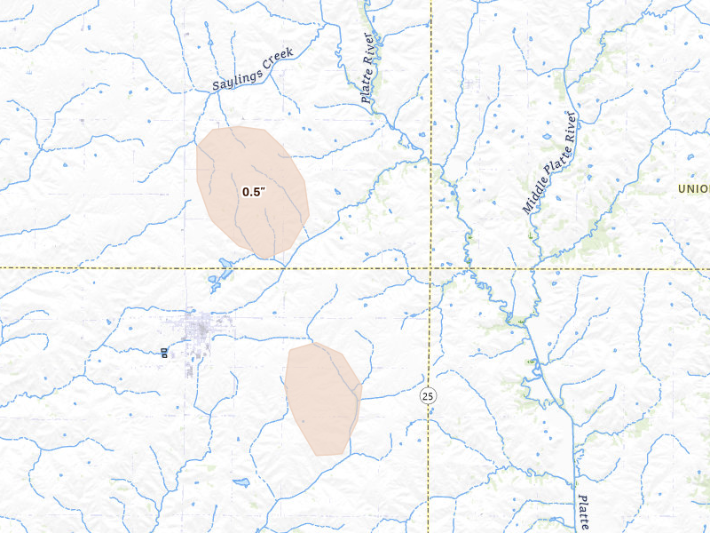 Radar-estimated hail-size map of the storm over Lenox, IA on Jun 1, 2026