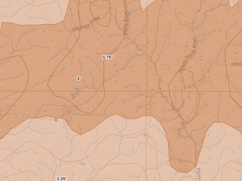 Radar-estimated hail-size map of the storm over Lenox, IA on Jun 10, 2026