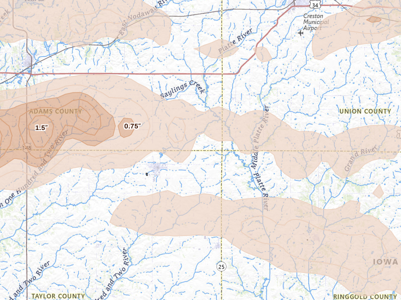 Radar-estimated hail-size map of the storm over Lenox, IA on Aug 4, 2026