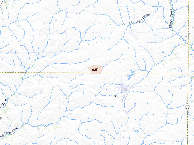 Radar-estimated hail-size map of the storm over Lenox, IA on Aug 14, 2026