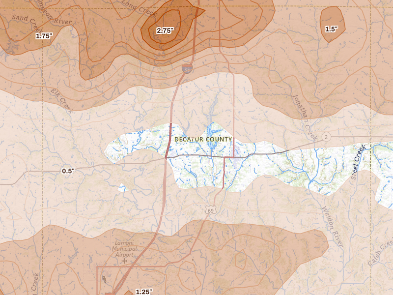 Radar-estimated hail-size map of the storm over Leon, IA on Jun 11, 2026
