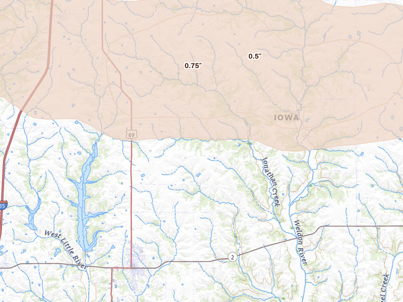 Radar-estimated hail-size map of the storm over Leon, IA on Aug 4, 2026