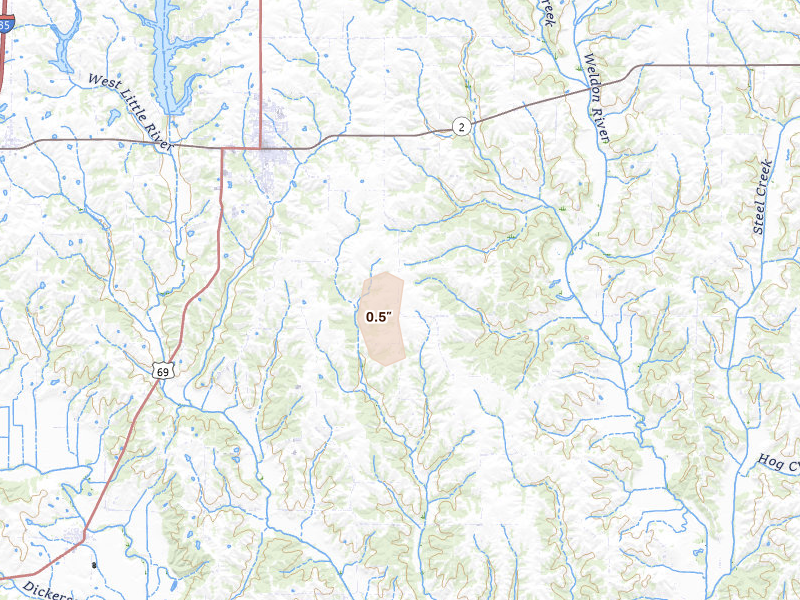 Radar-estimated hail-size map of the storm over Leon, IA on Aug 19, 2026
