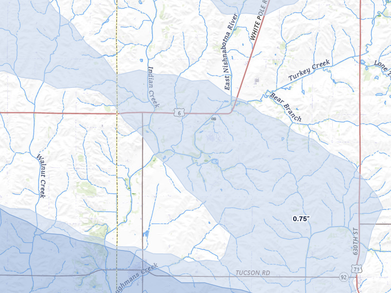 NEXRAD radar-signature map of the hail storm over Lewis, IA on Aug 8, 2026