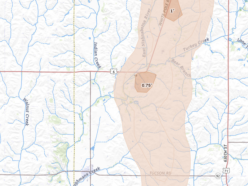 Radar-estimated hail-size map of the storm over Lewis, IA