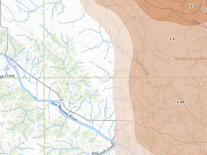 Radar-estimated hail-size map of the storm over Libertyville, IA on Aug 7, 2026