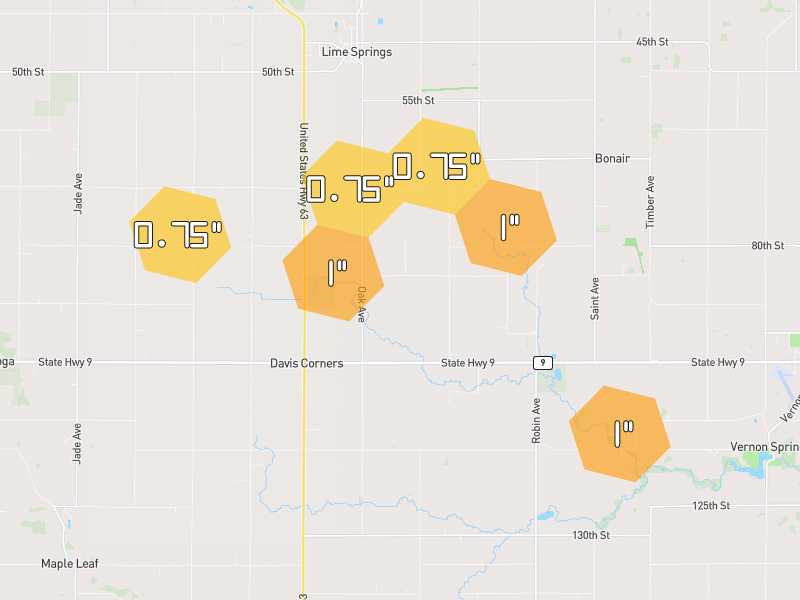 Hail map of Lime Springs, IA on Jul 1, 2026, hail up to 1"