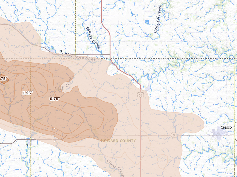 Radar-estimated hail-size map of the storm over Lime Springs, IA on Jul 8, 2026