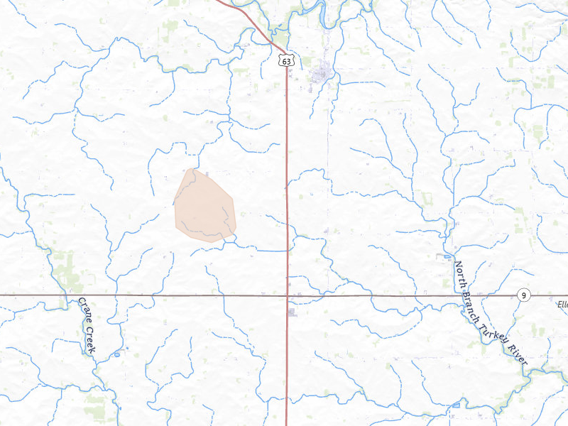 Radar-estimated hail-size map of the storm over Lime Springs, IA on Aug 7, 2026