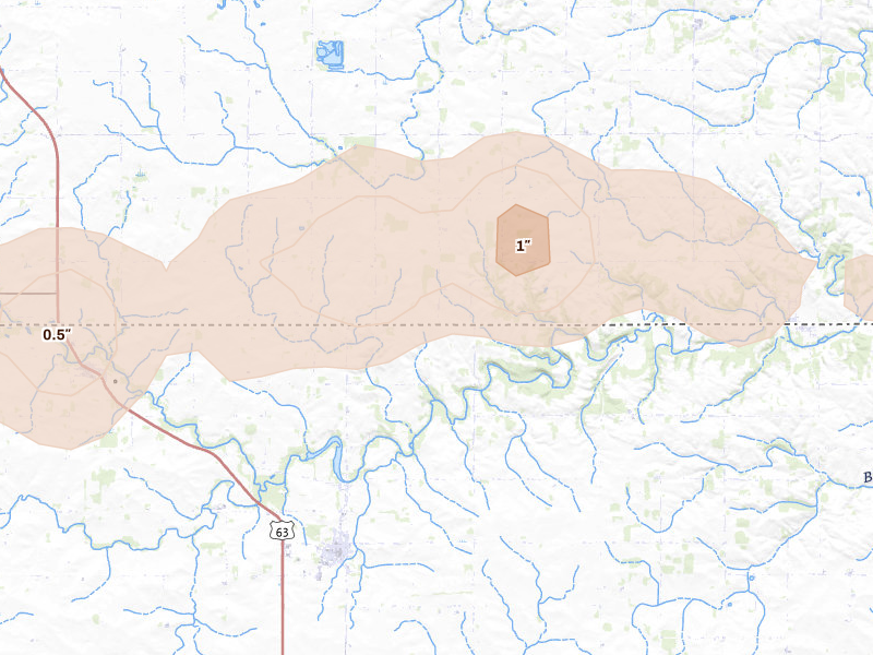 Radar-estimated hail-size map of the storm over Lime Springs, IA on Aug 20, 2026