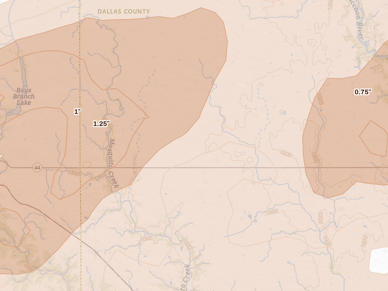 Radar-estimated hail-size map of the storm over Linden, IA on Mar 30, 2026
