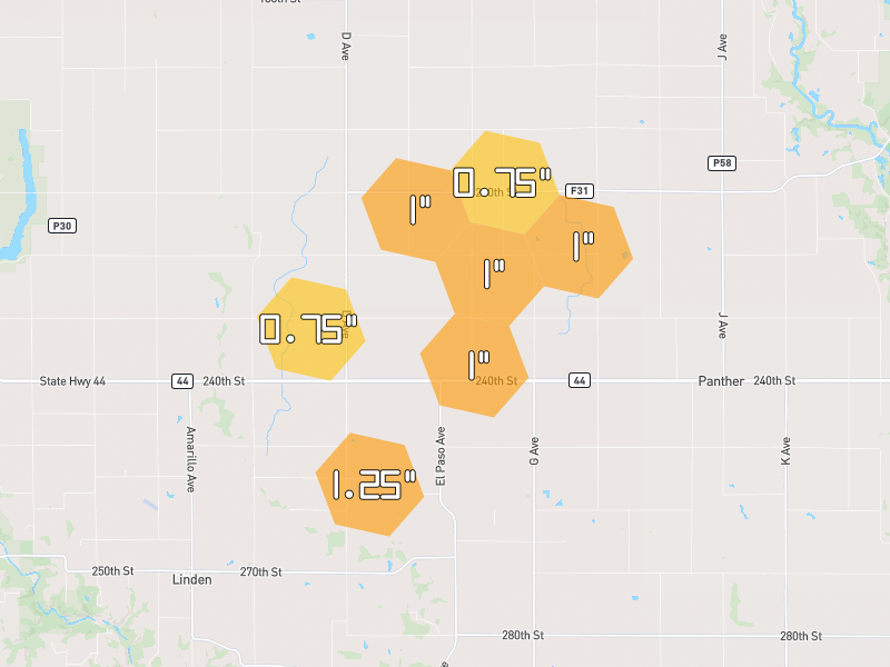 Hail map of Linden, IA on Jul 3, 2026, hail up to 1.25"