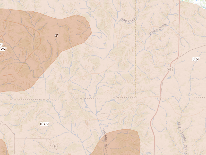 Radar-estimated hail-size map of the storm over Lineville, IA on Jun 11, 2026