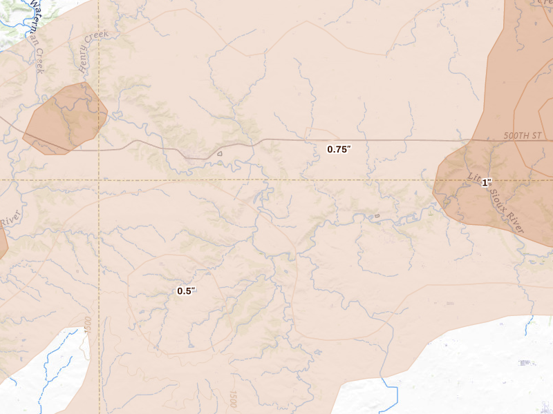 Radar-estimated hail-size map of the storm over Linn Grove, IA on Apr 13, 2026