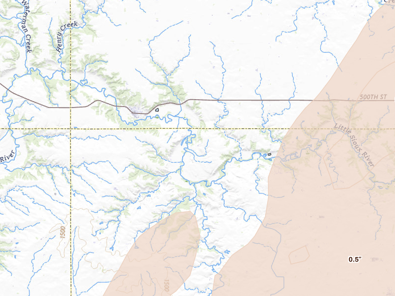 Radar-estimated hail-size map of the storm over Linn Grove, IA on Apr 23, 2026