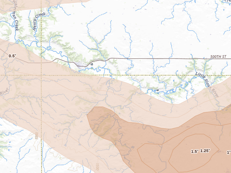 Radar-estimated hail-size map of the storm over Linn Grove, IA on May 15, 2026