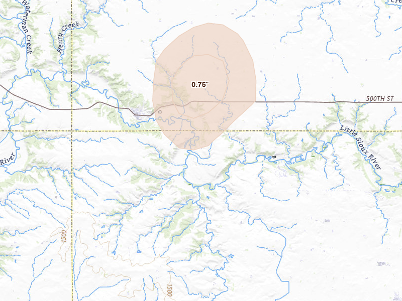 Radar-estimated hail-size map of the storm over Linn Grove, IA on May 16, 2026