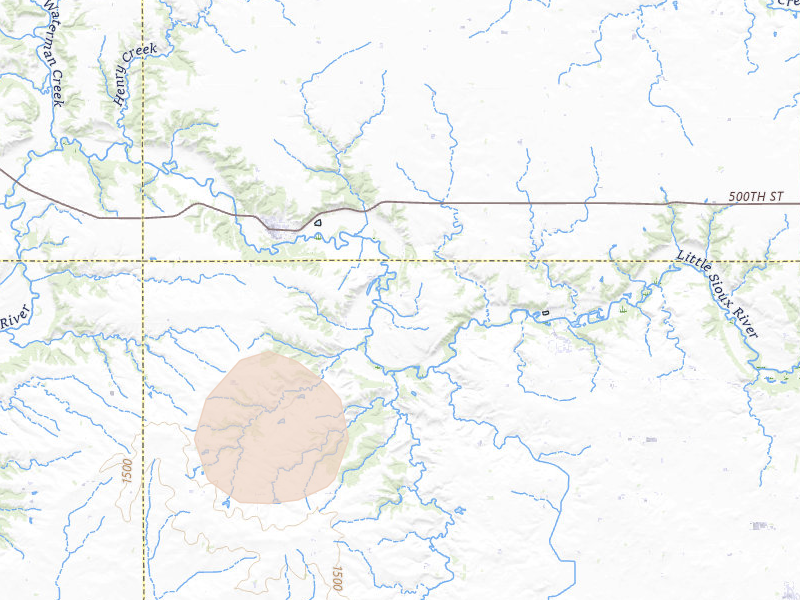 Radar-estimated hail-size map of the storm over Linn Grove, IA on May 18, 2026