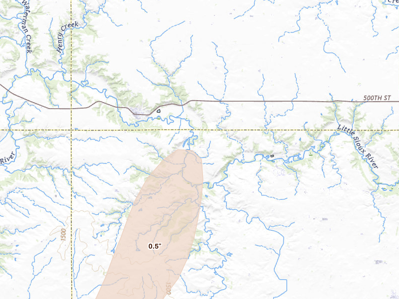 Radar-estimated hail-size map of the storm over Linn Grove, IA on Jun 30, 2026
