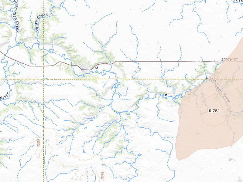 Radar-estimated hail-size map of the storm over Linn Grove, IA on Jul 1, 2026