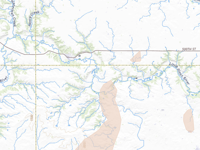 Radar-estimated hail-size map of the storm over Linn Grove, IA on Jul 2, 2026