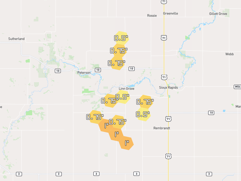 Hail map of Linn Grove, IA on Jul 3, 2026, hail up to 1"