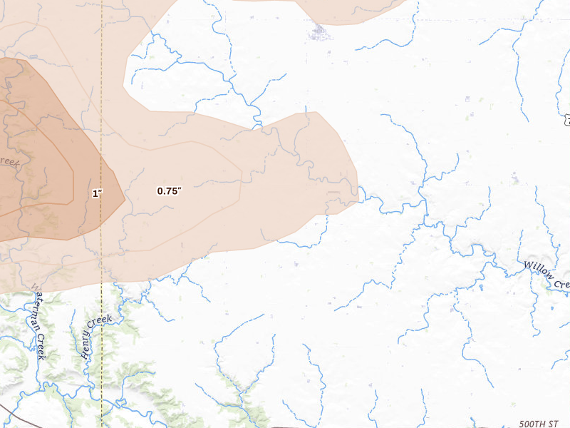 Radar-estimated hail-size map of the storm over Linn Grove, IA on Aug 8, 2026
