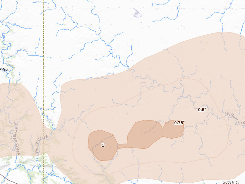 Radar-estimated hail-size map of the storm over Linn Grove, IA on Sep 1, 2026
