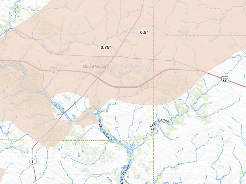Radar-estimated hail-size map of the storm over Lisbon, IA on Apr 17, 2026