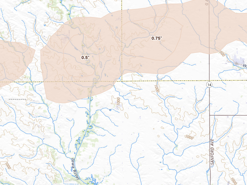 Radar-estimated hail-size map of the storm over Liscomb, IA