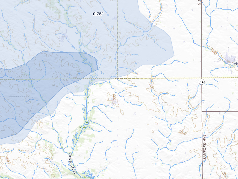 NEXRAD radar-signature map of the hail storm over Liscomb, IA on Jun 28, 2026