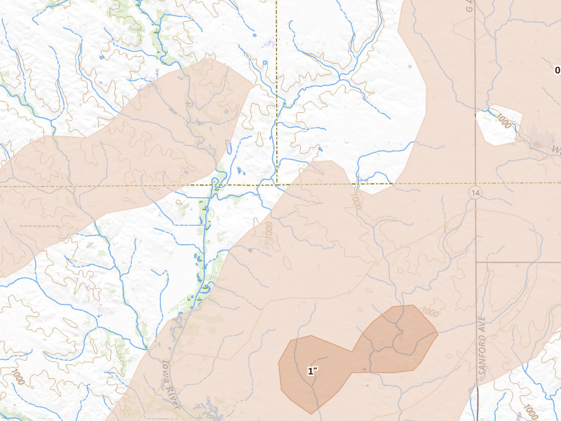 Radar-estimated hail-size map of the storm over Liscomb, IA on Jul 2, 2026