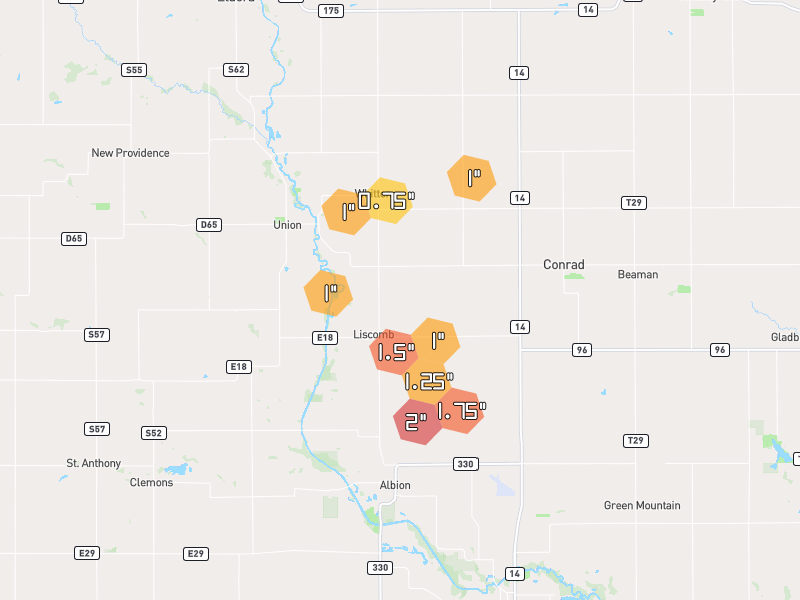Hail map of Liscomb, IA on Jul 2, 2026, hail up to 2"