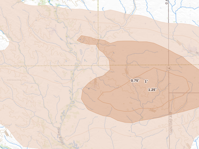 Radar-estimated hail-size map of the storm over Liscomb, IA on Aug 11, 2026