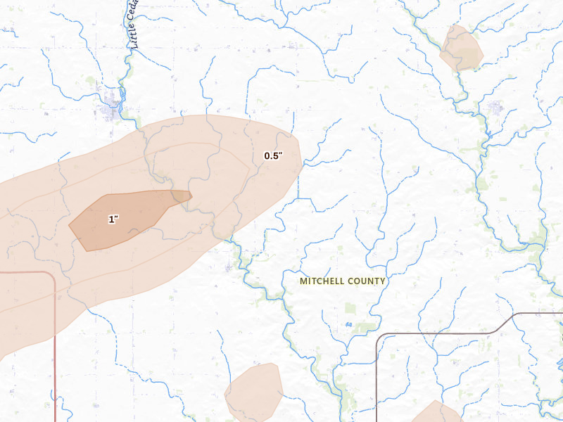 Radar-estimated hail-size map of the storm over Little Cedar, IA on Jul 1, 2026