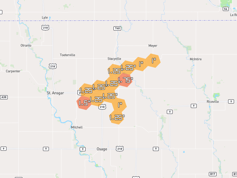 Hail map of Little Cedar, IA on Jul 2, 2026, hail up to 1.75"