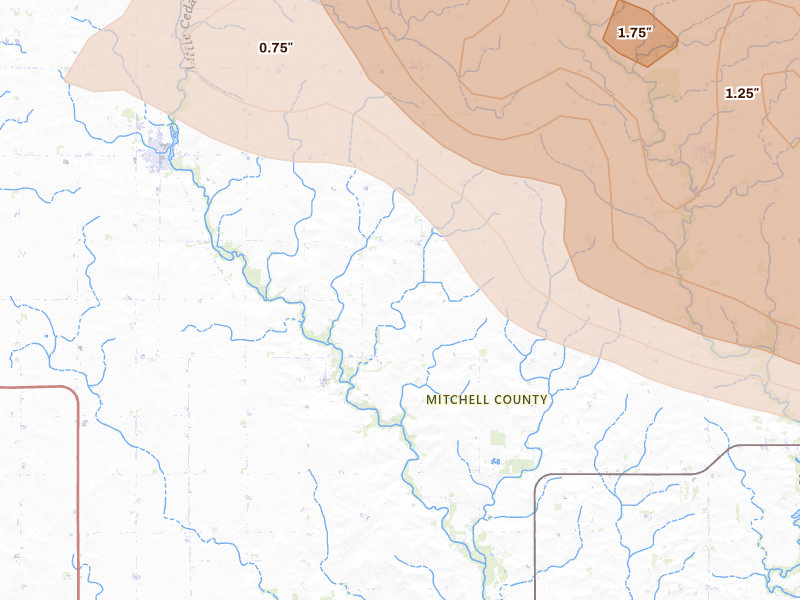 Radar-estimated hail-size map of the storm over Little Cedar, IA on Jul 8, 2026