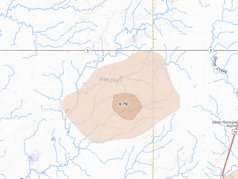 Radar-estimated hail-size map of the storm over Little Rock, IA on Aug 3, 2026