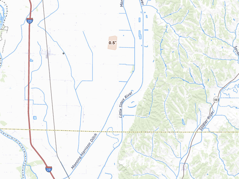Radar-estimated hail-size map of the storm over Little Sioux, IA on Mar 5, 2026
