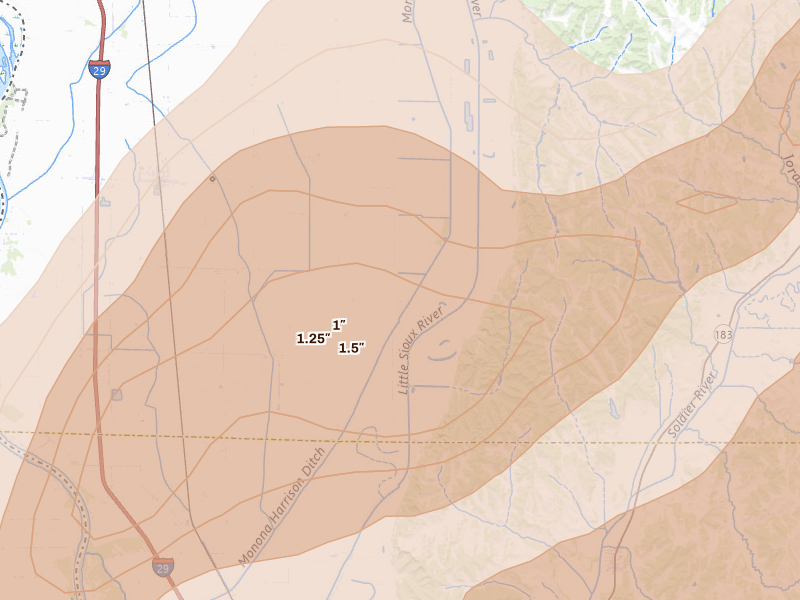Radar-estimated hail-size map of the storm over Little Sioux, IA on Apr 23, 2026
