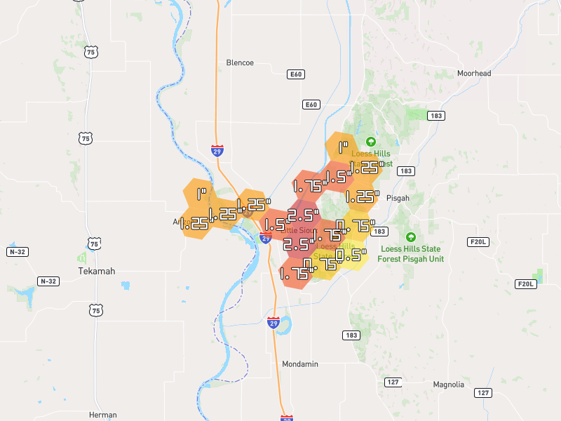 Hail map of Little Sioux, IA on Jun 1, 2026, hail up to 2.5"
