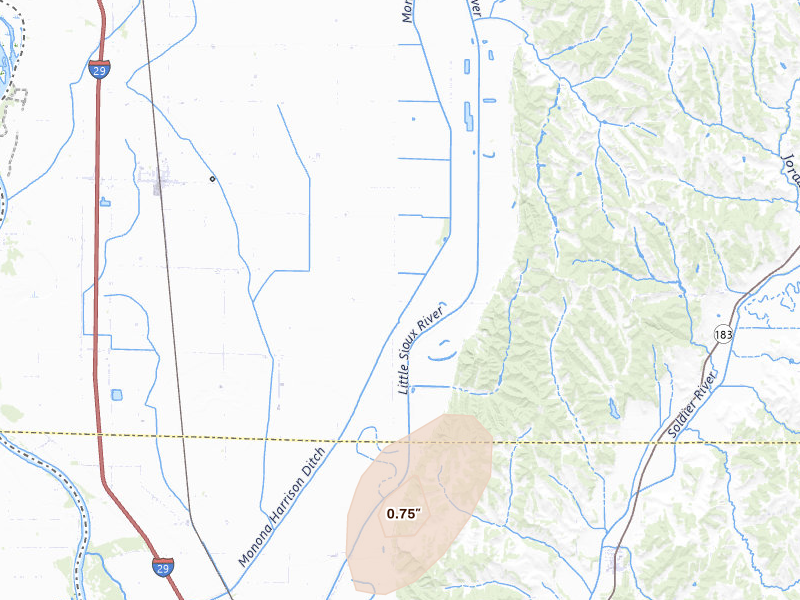 Radar-estimated hail-size map of the storm over Little Sioux, IA on Jul 1, 2026