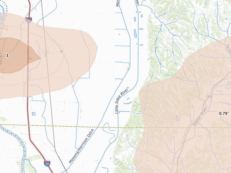 Radar-estimated hail-size map of the storm over Little Sioux, IA on Jul 8, 2026