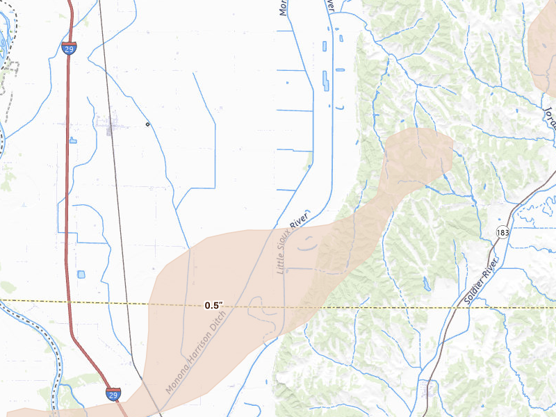 Radar-estimated hail-size map of the storm over Little Sioux, IA on Aug 11, 2026