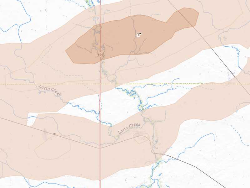 Radar-estimated hail-size map of the storm over Livermore, IA on May 15, 2026