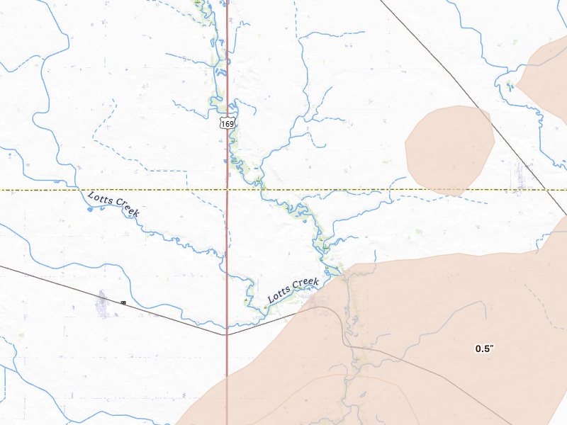 Radar-estimated hail-size map of the storm over Livermore, IA on Jul 2, 2026