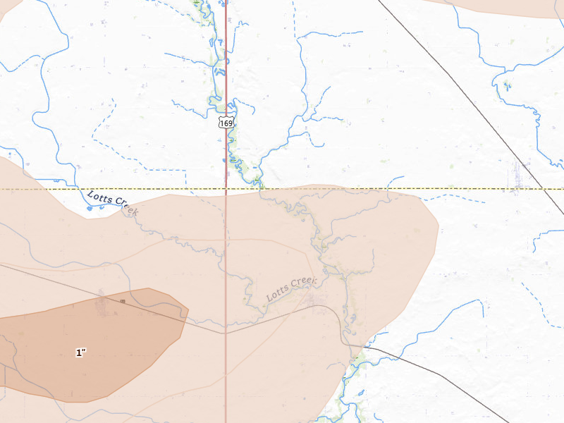 Radar-estimated hail-size map of the storm over Livermore, IA on Aug 8, 2026