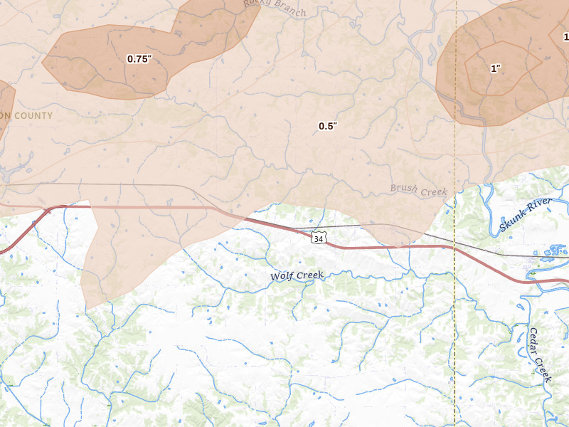 Radar-estimated hail-size map of the storm over Lockridge, IA on Mar 10, 2026