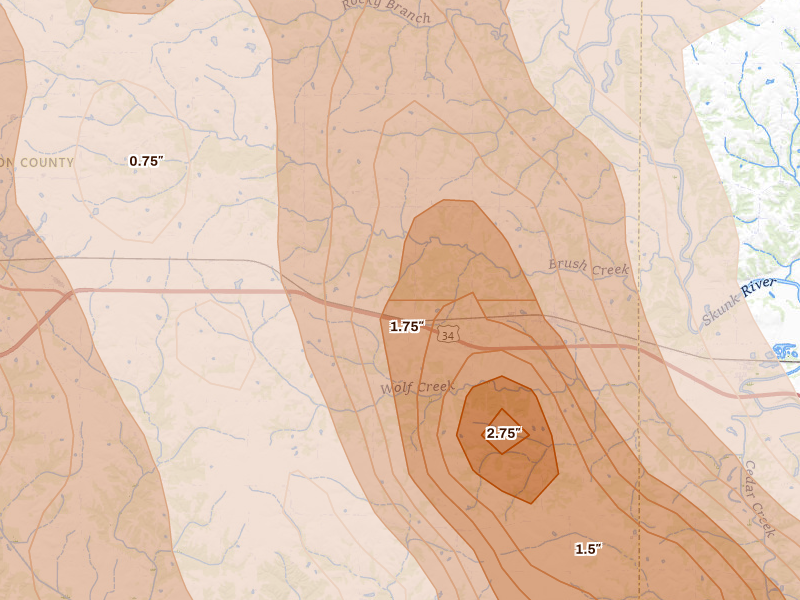 Radar-estimated hail-size map of the storm over Lockridge, IA on Aug 7, 2026